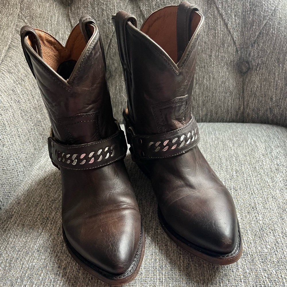 Frye Dark Brown Leather Ankle Boots with Strap Detail